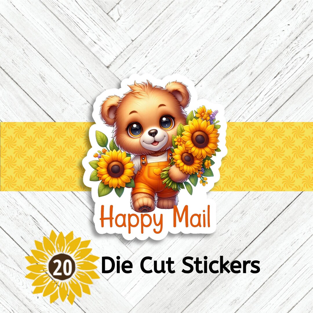 Sunflower Teddy Bear Die Cut Happy Mail Stickers - Set of 20 - Etsy