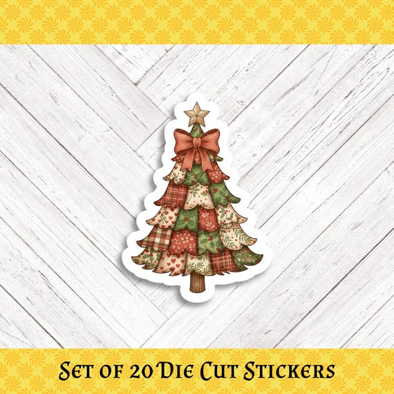 Patchwork Christmas Tree  Die Cut Stickers - Set of 20