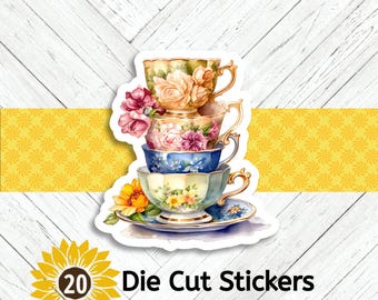 Floral Teacups Stickers: Vintage Style - Set of 20