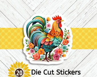 Colorful Rooster Die Cut Stickers - Set of 20
