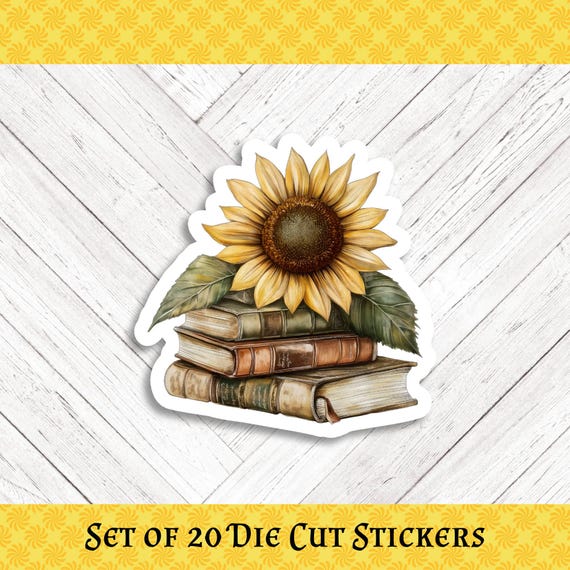 Vintage Sunflower Book Stack Die Cut Stickers: Crafting, Happy Mail & Scrapbooking - Set of 20