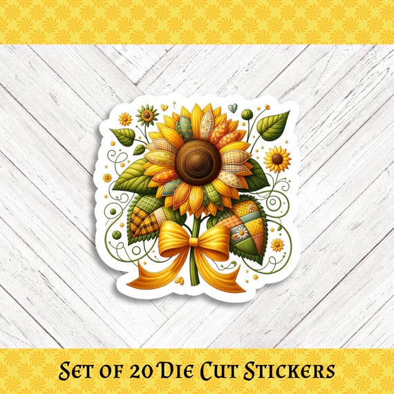 Patchwork Embroidered Sunflower Die Cut Stickers: Crafting, Happy Mail & Scrapbooking - Set of 20