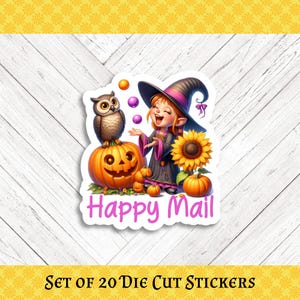 May include: A die-cut sticker featuring a cartoon witch with a pumpkin, owl, and sunflower. The sticker has the words "Happy Mail" in pink. The bottom of the sticker reads "Set of 20 Die Cut Stickers".