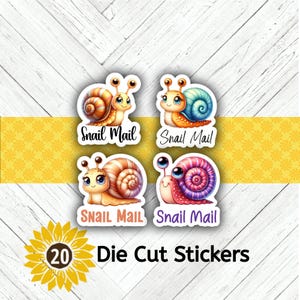 May include: Four die-cut stickers featuring cartoon snails with the text "Snail Mail". The snails have colorful shells and cute expressions. The stickers are on a white and yellow background with a sunflower graphic and the number "20".