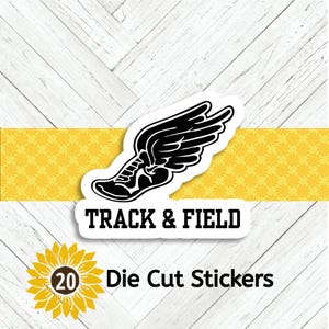 May include: A sticker sheet with a black and white track shoe with wings design. The words "TRACK & FIELD" are printed in black block letters. The sticker sheet also includes a sunflower graphic and the words "20 Die Cut Stickers".