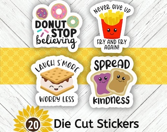 Encouraging Food Pun Die Cut Stickers, Mixed Set of 20