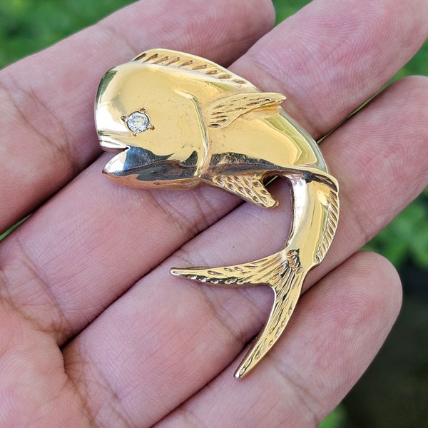Nautical 14k Gold Mahi Mahi Dolphin Pendant/Charm - High Detail With Diamond Eye - Nautical Fisherman's Gold Pendant for him.
