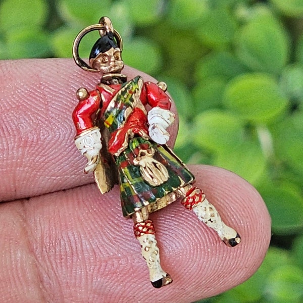 Incredibly Articulated 14k Vintage Scottish Man Charm in Full Prince Charlie Kilt Garb with Enameled detail Pendant Charm.