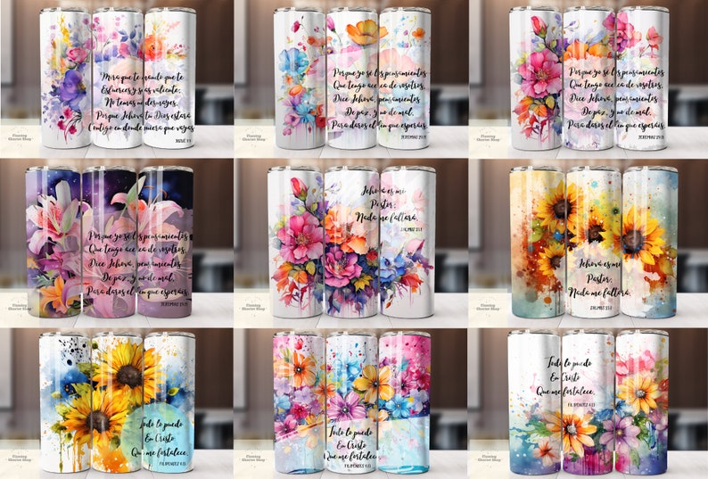 Op de afbeelding: Set van drie 20 oz roestvrijstalen tumblers met aquarelbloemendesigns en inspirerende citaten in het Spaans. De tumblers bevatten een verscheidenheid aan bloemen, waaronder lelies, zonnebloemen en rozen, in tinten roze, blauw, geel en paars. De citaten zijn in zwart en wit gedrukt en gecentreerd op de tumblers.