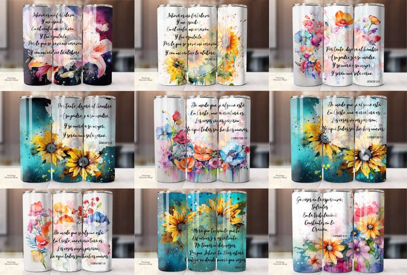Op de afbeelding: Set van negen roestvrijstalen bekers met verschillende aquarelbloemmotieven en inspirerende citaten in het Spaans. De bekers tonen zonnebloemen, lelies en andere bloemen in tinten blauw, geel, roze en groen.