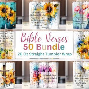 50 Bible Verse Tumbler Wraps | Christian Sublimation Bundle for 20oz Tumblers | Faith-Inspired PNG Designs | Inspirational Jesus & God Quote