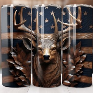 May include: Three stainless steel tumblers with a wood-carved deer head design against a blue and white American flag background.
