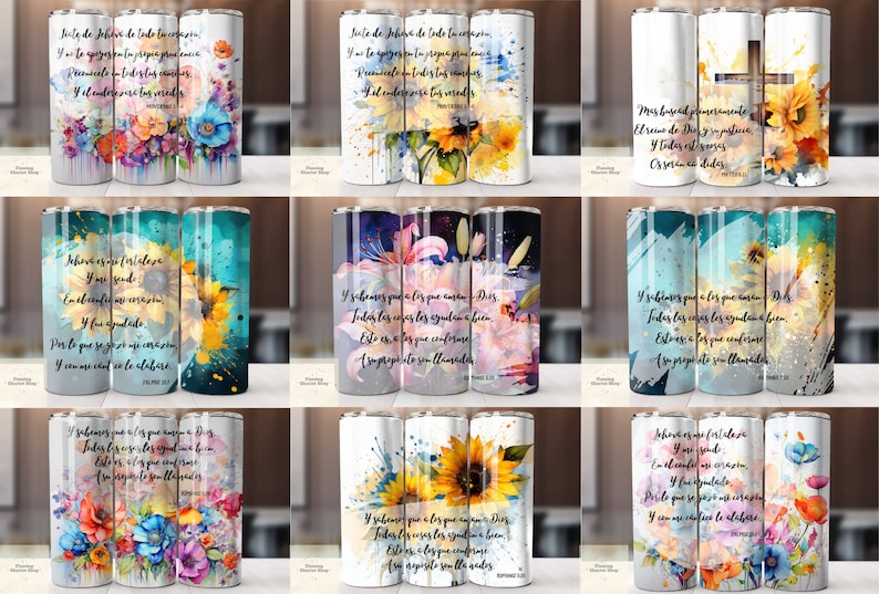 Op de afbeelding: Negen verschillende ontwerpen van roestvrijstalen bekers met aquarelbloemmotieven en inspirerende citaten in het Spaans. De bekers tonen zonnebloemen, lelies en andere bloemen in tinten geel, roze, blauw en groen.