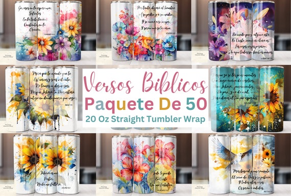 Paquete de 50 Diseños de Sublimación para Vasos 20oz | Envolturas Cristianas con Citas Bíblicas | Inspiración, Fe y Motivación en PNG
