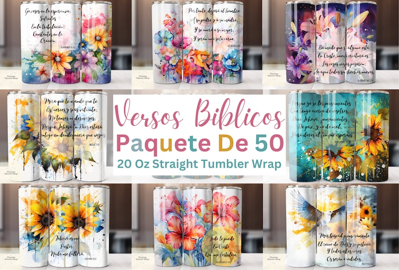 Op de afbeelding: Een set van 50 rechte tumbler-wikkelingen van 20 ounce met aquarelbloemendesigns en Spaanstalige Bijbelteksten. De wikkelingen zijn ontworpen om te worden gebruikt op tumblers voor personalisatie.