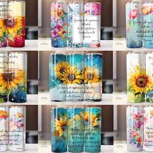 Op de afbeelding: Set van negen 20 oz roestvrijstalen tumblers met verschillende aquarelontwerpen met zonnebloemen, bloemen en inspirerende citaten in het Spaans. De tumblers zijn perfect voor dagelijks gebruik en een geweldig cadeau.