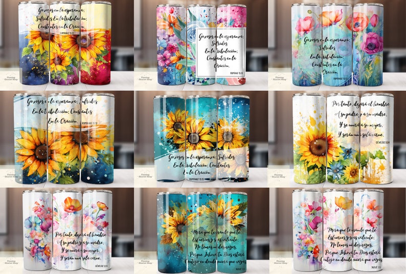 Op de afbeelding: Set van negen 20 oz roestvrijstalen tumblers met verschillende aquarelontwerpen met zonnebloemen, bloemen en inspirerende citaten in het Spaans. De tumblers zijn perfect voor dagelijks gebruik en een geweldig cadeau.