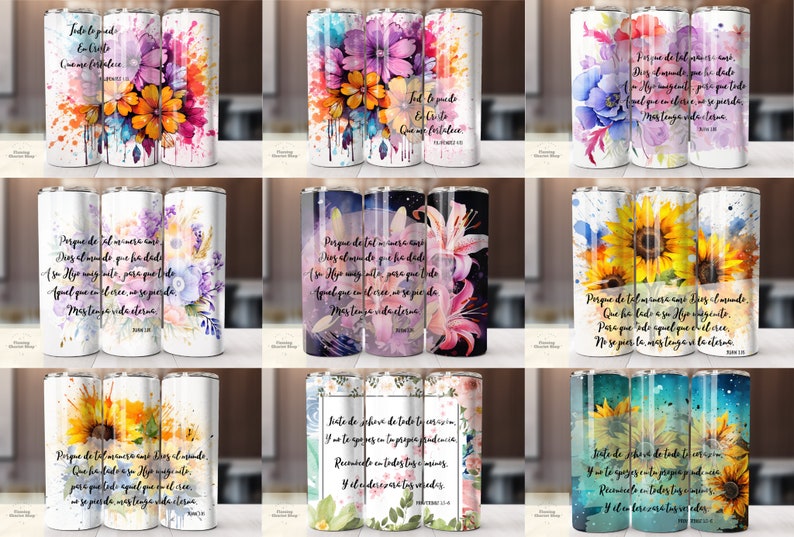 Op de afbeelding: Set van negen sublimatiebekers met aquarelbloemmotieven en inspirerende Spaanse tekst. De bekers tonen verschillende bloemen, waaronder zonnebloemen, lelies en rozen, in tinten roze, paars, geel en blauw. De tekst bevat verzen uit de Bijbel.