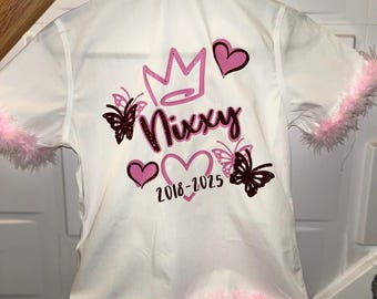 Personalised school leavers shirt, with feather boa, glitter & diamantés. Available in a range of colours!