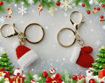Crochet Christmas Keychain Set, Handmade Hat & Mitten Bag Charm