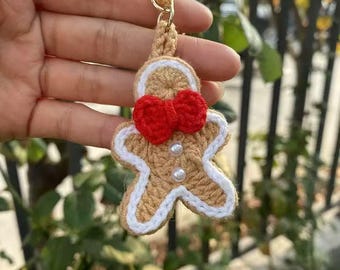 Crochet Gingerbread Man Keychain • Handmade Christmas Bag Charm
