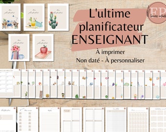Puede incluir: Planificador de profesor imprimible con una variedad de diseños de portada que incluyen ilustraciones de un cactus, un escritorio con una lámpara, una planta en maceta y una manzana sobre un libro. El planificador no está fechado y es personalizable. El texto "L'ultime planificateur ENSEIGNANT" se muestra en la parte superior de la imagen.