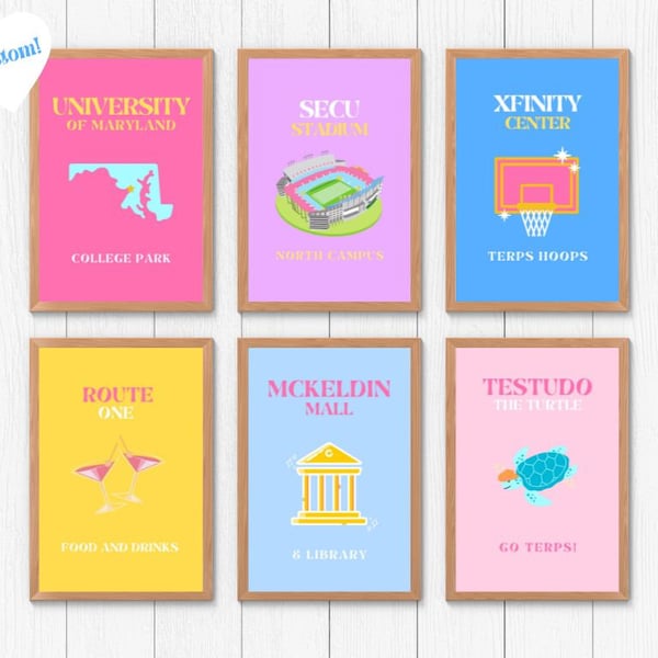 Custom College Posters | Set of 6 | Digital Download | Trendy Wall Decor| Bright and Colorful Prints for Wall | College Dorm Decor