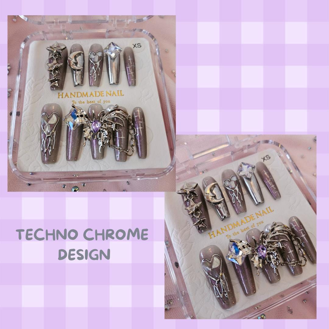 Futuristic Fake Nails Rave Nails Press on Nails Chrome Design - Etsy