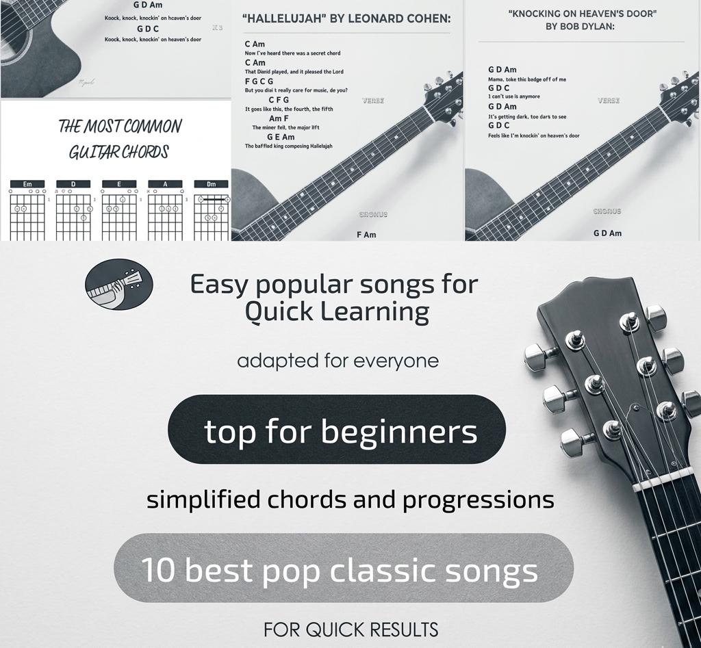 Easy Guitar Chords: 10 Beginner Songs, Printable Charts (PDF) - Etsy