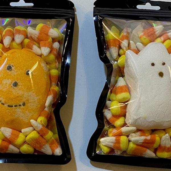 Freeze Dried Ghost/Pumpkin w/ candy corn. Frankenstein w/ gray skittles.