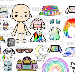 Toca Boca 3 pages paper " Rainbow " doll, furniture, background, and accessories/ printable / downloadable / Kids Play