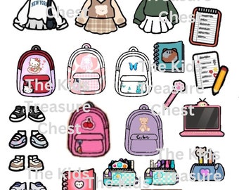 Papier inspiré de Toca Boca, 3 pages, 6 tons de peau, école, camp, 6 poupées, cheveux, sacs à dos, chaussures, accessoires, imprimable, téléchargeable, enfant