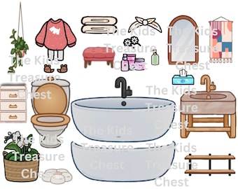 Inspired Toca Boca 2 pages paper " Bathroom 2 " furniture, background, and accessories " / printable / downloadable / Kids Play