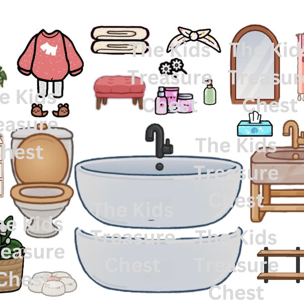 Toca Boca 2 pages paper " Bathroom 2 " furniture, background, and accessories " / printable / downloadable / Kids Play