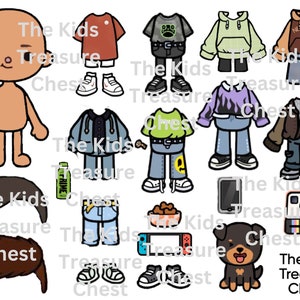 Inspired Toca Boca 2 pages paper doll " Boy 1 " clothes, shoes, hairs, accessories , dog, and big closet " / printable / downloadable / Kids