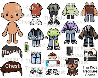 Toca Boca 2 pages paper doll " Boy 1 " clothes, shoes, hairs, accessories , dog, and big closet " / printable / downloadable / Kids Play