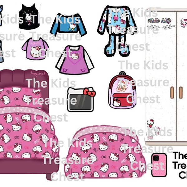 Toca Boca 4 pages paper doll "Pink Kitty house" furniture, background, and accessories / printable / downloadable / Kids Play