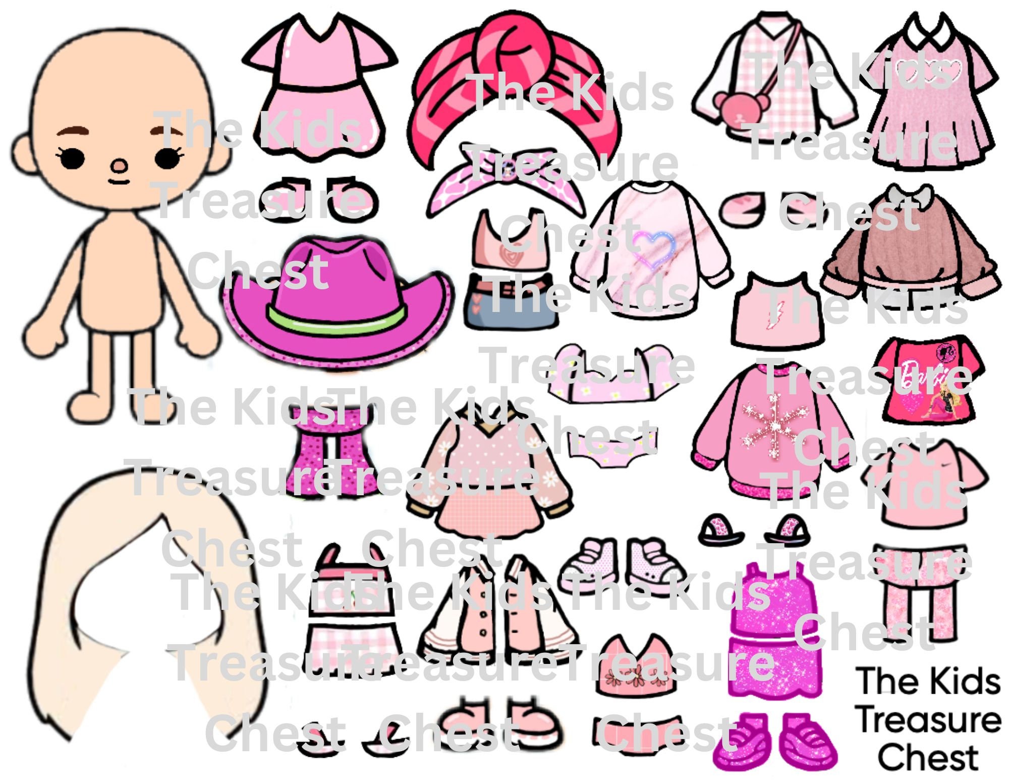 Toca Boca 3 Pages Paper PINK Doll, Clothes, Shoes and Accessories