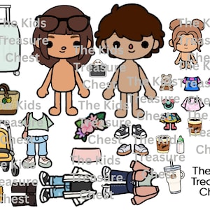 Inspiriert von Toca Boca, 2 Seiten Papier „Familie am Flughafen“, Puppen, Hintergrund und Zubehör/druckbar/herunterladbar/Kinderspiel