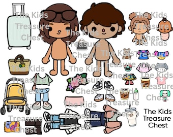 Toca Boca 2 pages paper " Family at the airport " dolls, background, and accessories/ printable / downloadable / Kids Play