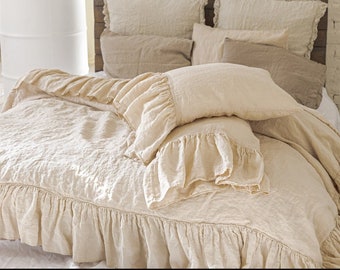 Bettwäsche-Set aus Leinen im rustikalen Stil mit einzelnen Rüschen, Bettwäsche-Set aus steingewaschenem Leinen mit 2 Kissenbezügen, King-Size-Bett, Queen-Size-Bett, Vollkamm