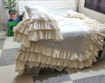 Französisches Leinen-Bettbezug-Set mit Rüschen, steingewaschenes Leinen-Bettwäsche-Set mit 2 Kissenbezügen, King-Size-Bett, Queen-Size-Bett, Vollkaschierung