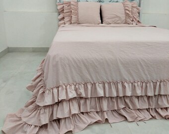 LINEN DUVET COVER set. French style thick ruffled stonewashed natural linen bedding. Thecottonhall shabby chic