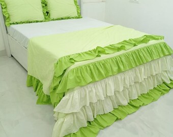 Ensemble housse de couette en lin de style rustique avec doubles volants, parure de lit en lin lavé avec 2 taies d'oreiller, très grand lit double