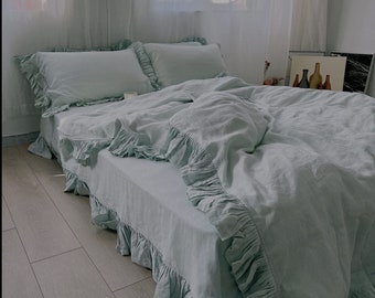 Ensemble housse de couette en lin de style rustique avec doubles volants, parure de lit en lin lavé avec 2 taies d'oreiller, très grand lit double