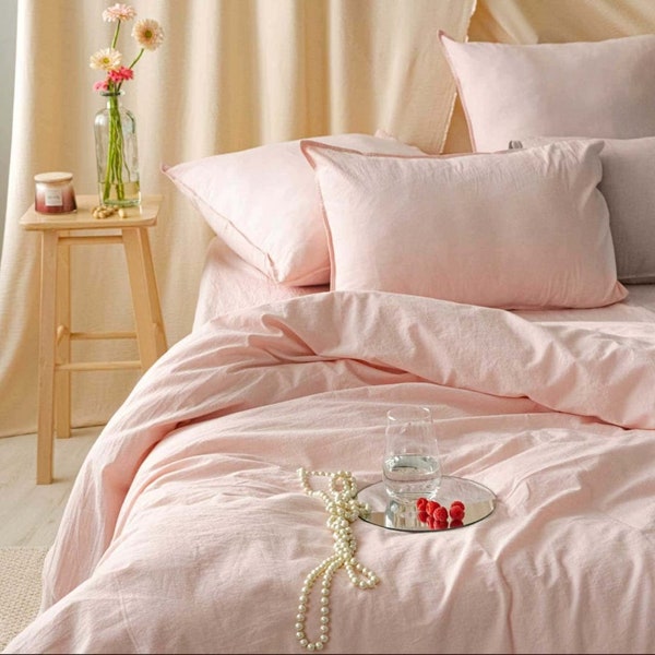 Light Pink Linen Duvet Coover Stonewashed Duvet Cover, Blush Pink Linen Boho Bedding Set With 2 Pillow Sham Twin Full Double Queen King Set