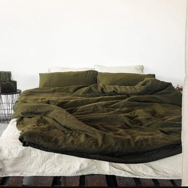 Dark Moss Green Linen Duvet Cover  Duvet Cover With Buttons Boho Duvet Cover Twin Full Double Queen King Toddler Size Bedding Duvet Cover