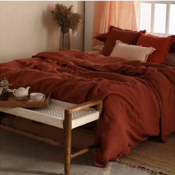 Linen Duvet Cover In Rust Orange 1 Duvet cover and 2 Pillowcases Softened linen Bedding Coconut Buttons Boho Bedding Duvet Cover Set