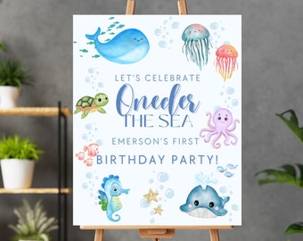 Oneder the Sea Birthday Banner Welcome Sign Under the Sea Birthday Decoration 16x20 18x24 24x36 Personalized BP525