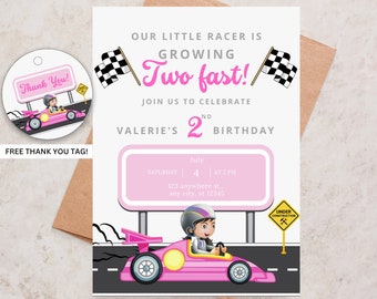 Editable Two Fast Girl Birthday Invitation Race Car 2nd Birthday Race Pink Car Digital Invite Printable Template Instant Download BP527